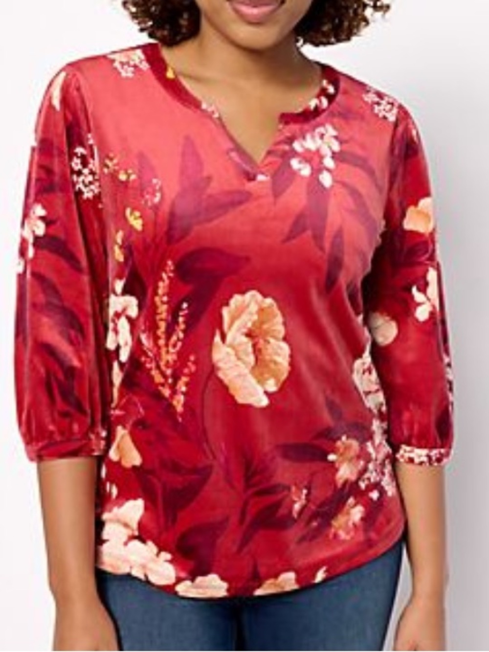 Denim & Co 3x red floral print velour split neck top